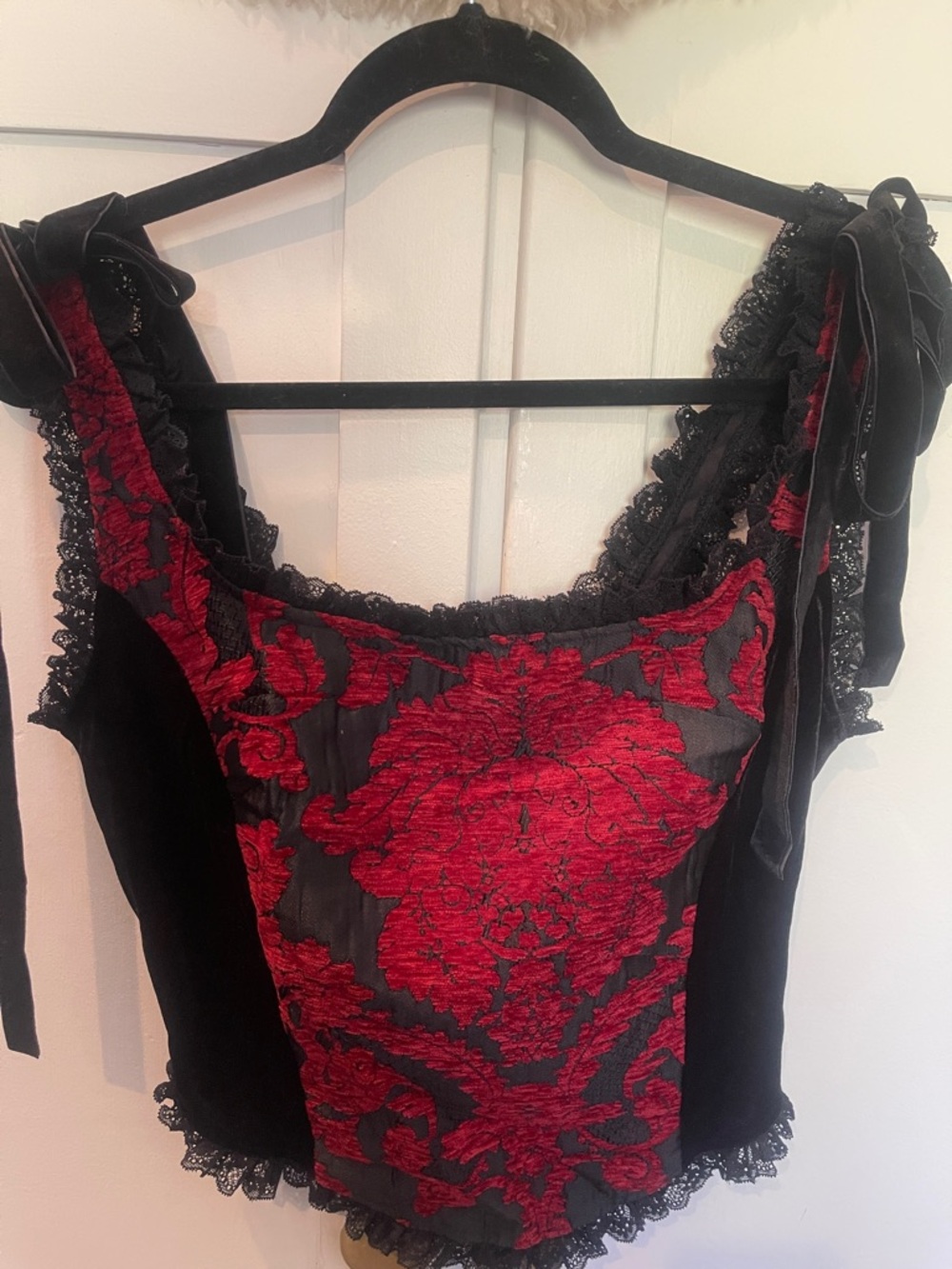 Cider Black Velvet Bustier with Red Brocade Detail